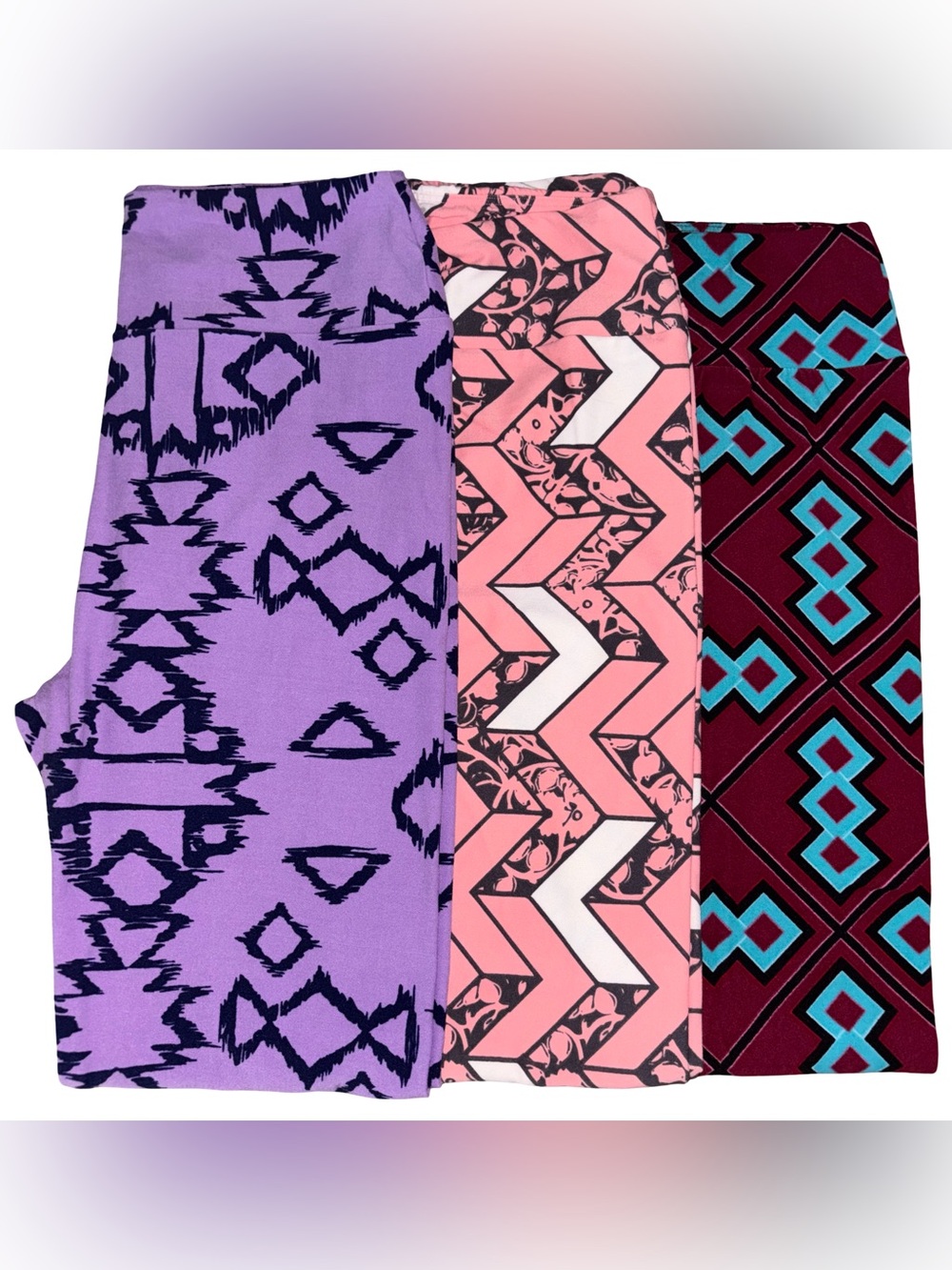 Lot of 3 LuLaRoe Leggings Size OS Geometric Patterns Purple Pink Maroon